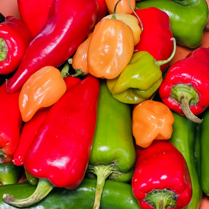 Vibrant assortment of red, green, and orange peppers including habaneros and bell peppers in a close-up shot.