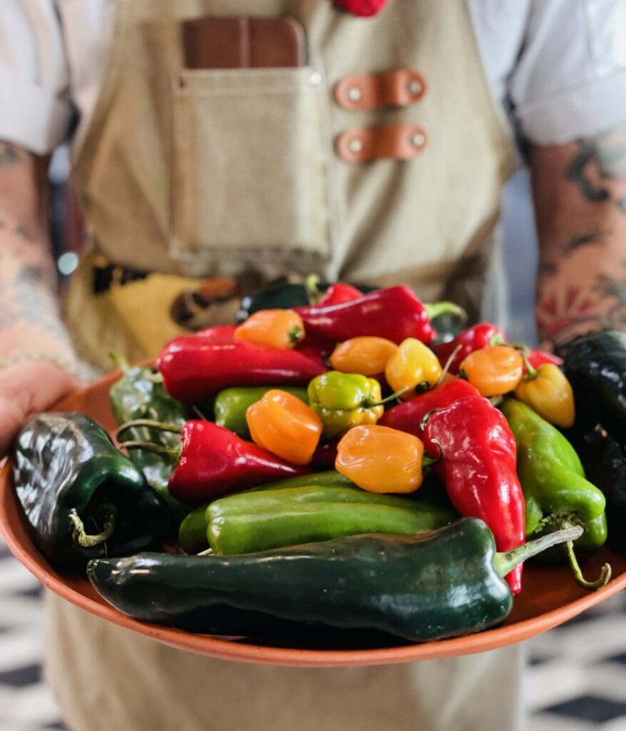 Person wearing a tan apron holding a clay plate filled with a variety of colorful peppers including poblanos, habaneros, and red chilies.